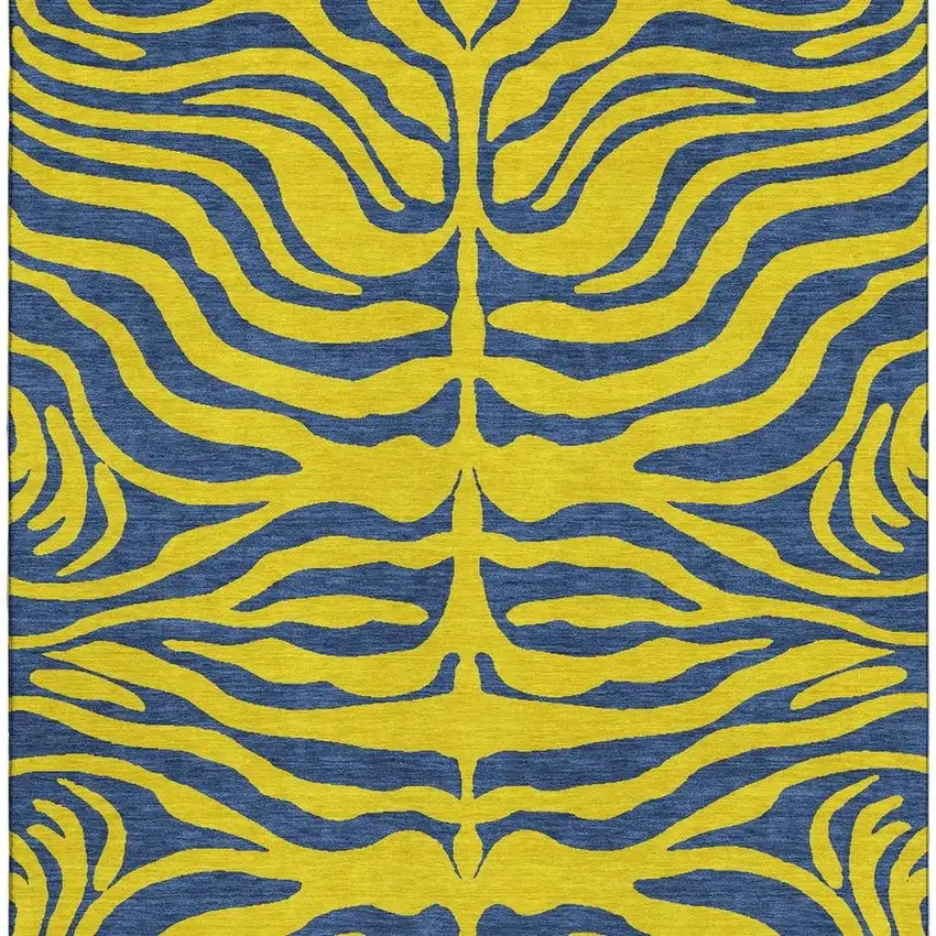 Yellow And Navy Blue Animal Print Washable Area Rug With UV Protection Photo 2
