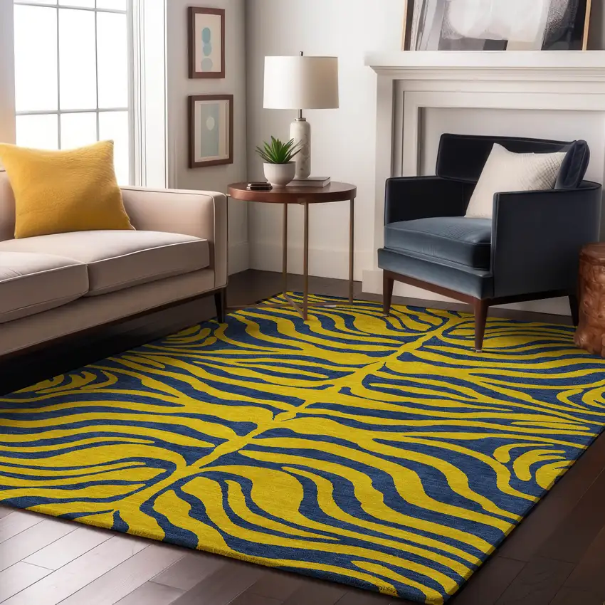 Yellow And Navy Blue Animal Print Washable Area Rug With UV Protection Photo 4