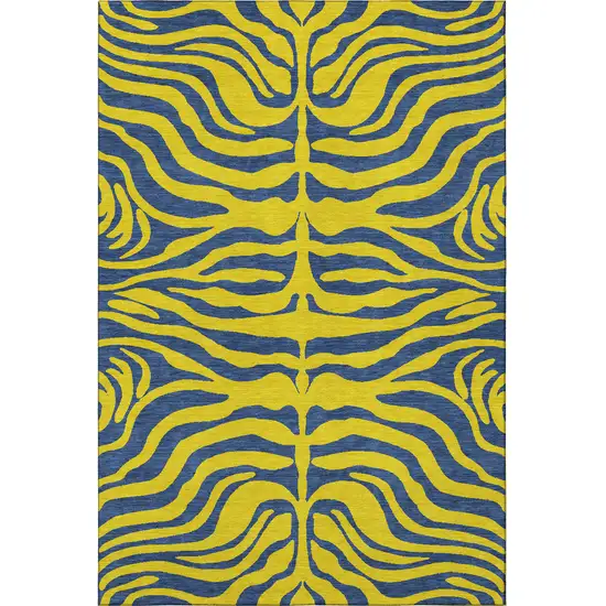 Yellow And Navy Blue Animal Print Washable Area Rug With UV Protection Photo 3