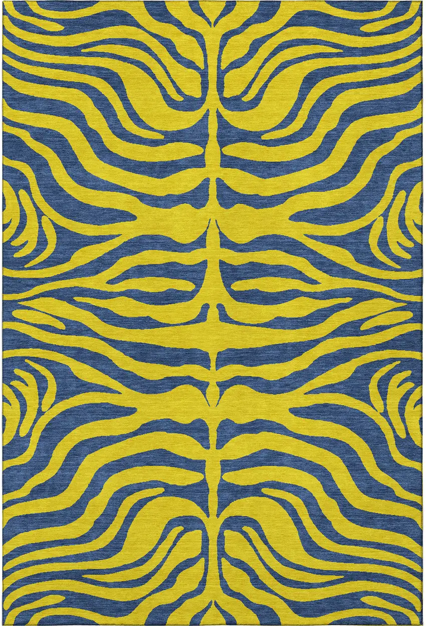 Yellow And Navy Blue Animal Print Washable Area Rug With UV Protection Photo 3