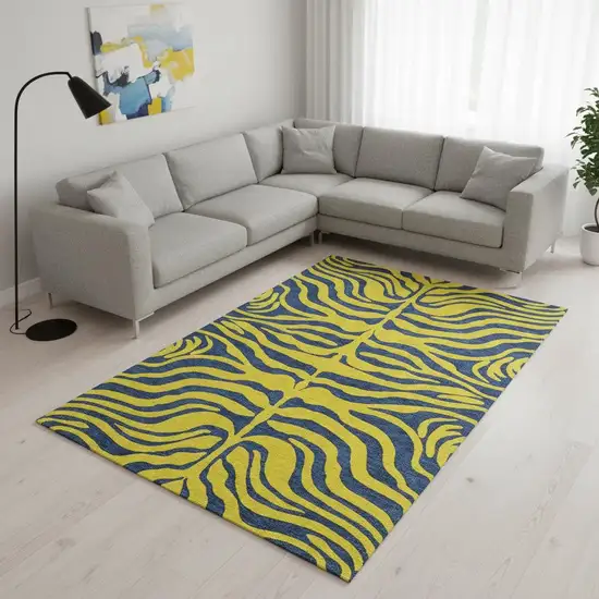Yellow And Navy Blue Animal Print Washable Area Rug With UV Protection Photo 2