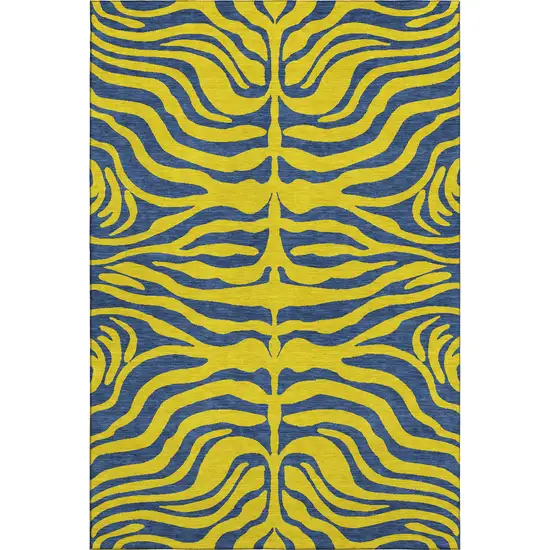 Yellow And Navy Blue Animal Print Washable Area Rug With UV Protection Photo 1