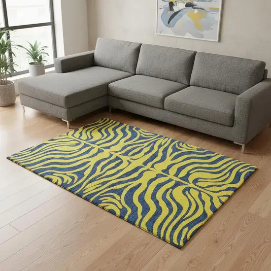 Yellow And Navy Blue Animal Print Washable Area Rug With UV Protection Photo 2