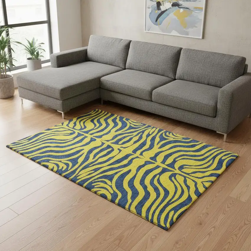 Yellow And Navy Blue Animal Print Washable Area Rug With UV Protection Photo 2