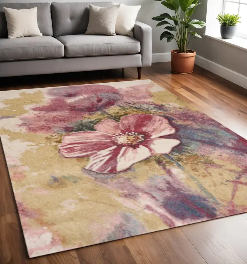 Yellow And Pink Floral Area Rug Photo 1