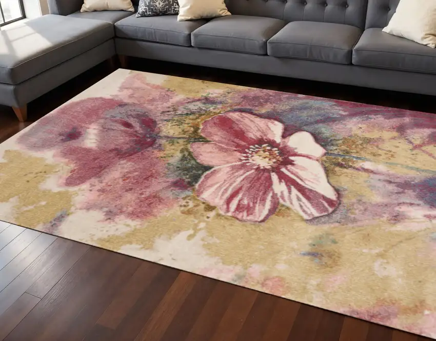Yellow And Pink Floral Area Rug Photo 1