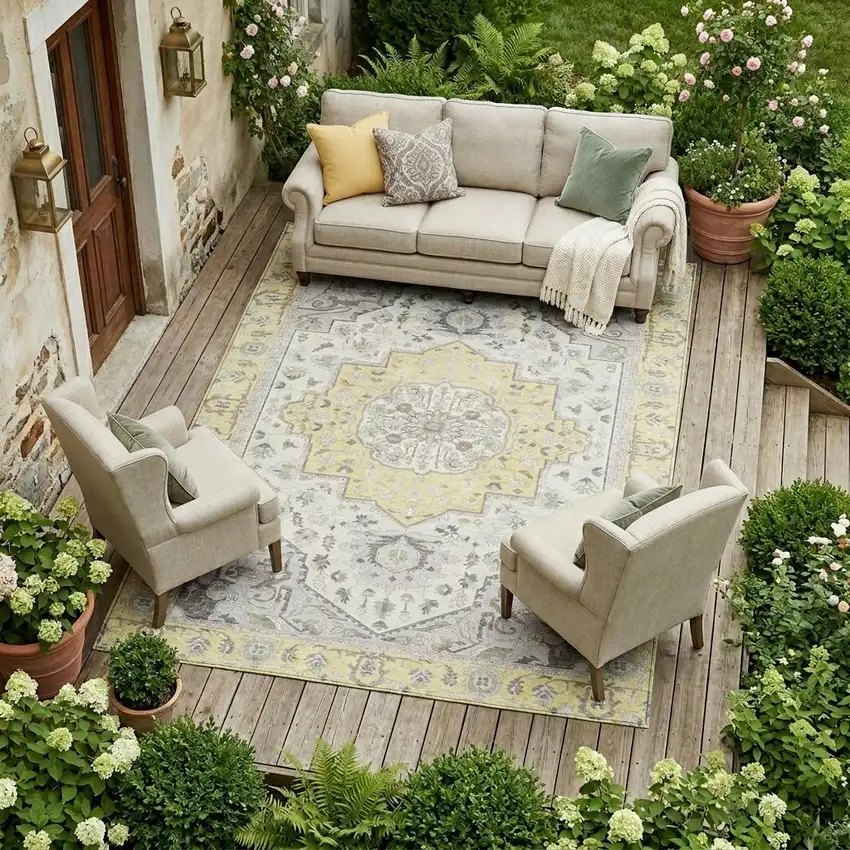 Yellow And Purple Oriental Washable Indoor Outdoor Area Rug Photo 1