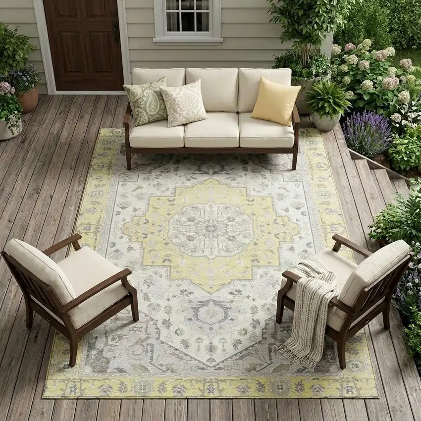 Yellow And Purple Oriental Washable Indoor Outdoor Area Rug Photo 1