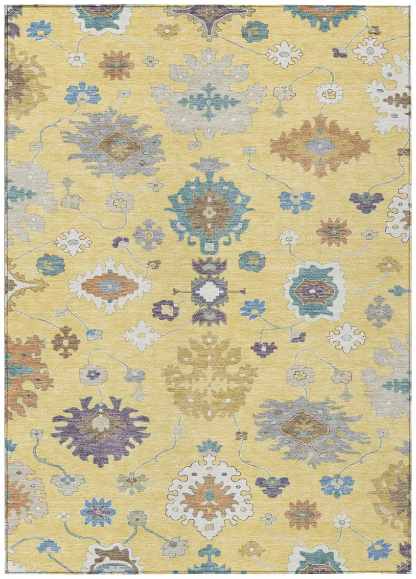 Yellow And Teal Blue Oriental Washable Indoor Outdoor Area Rug Photo 2
