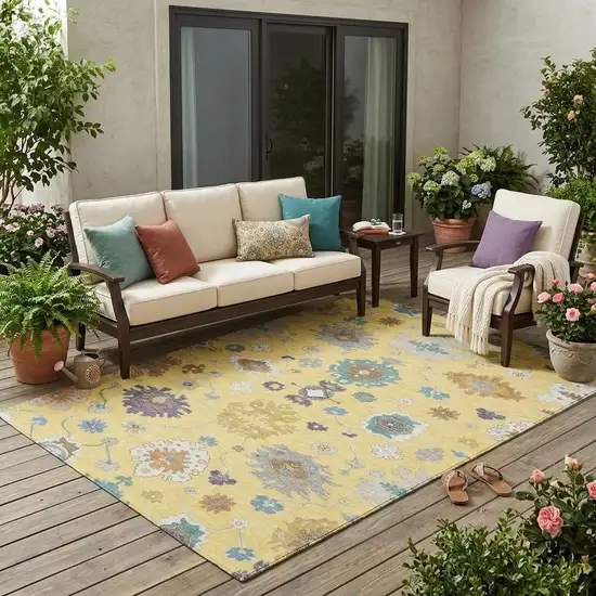 Yellow And Teal Blue Oriental Washable Indoor Outdoor Area Rug Photo 1