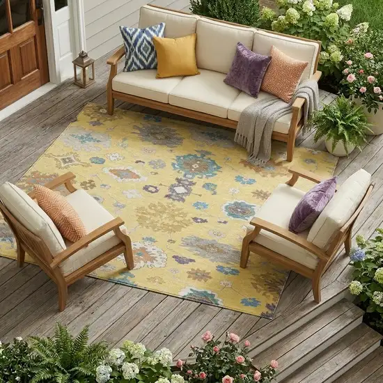 Yellow And Teal Blue Oriental Washable Indoor Outdoor Area Rug Photo 1
