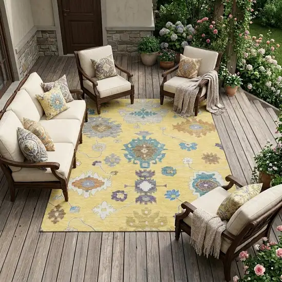 Yellow And Teal Blue Oriental Washable Indoor Outdoor Area Rug Photo 1