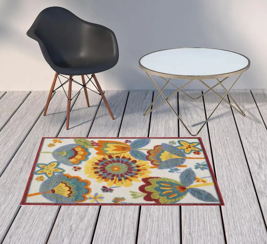 Yellow And Teal Floral Non Skid Indoor Outdoor Area Rug Photo 2