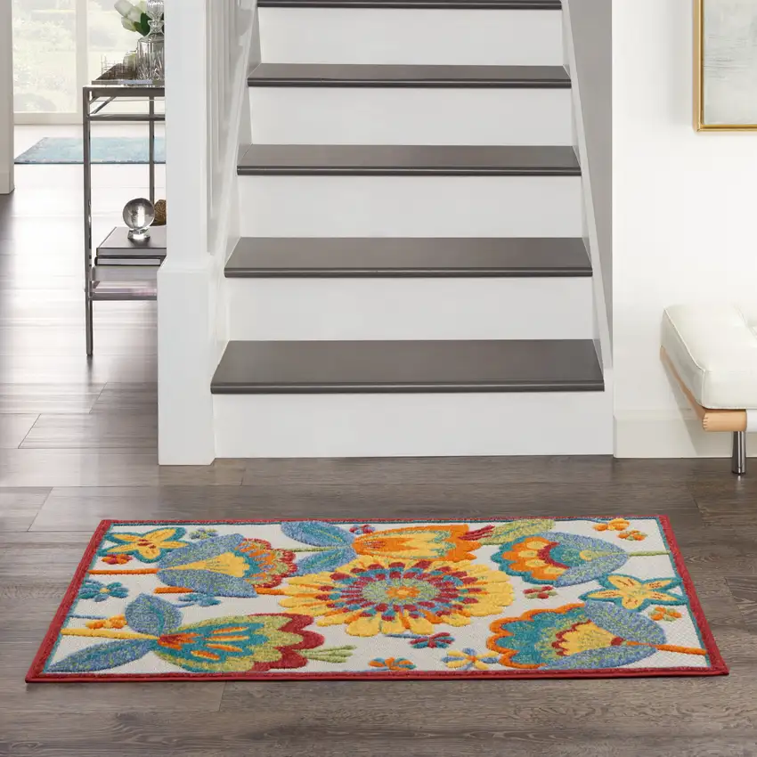 Yellow And Teal Floral Non Skid Indoor Outdoor Area Rug Photo 9