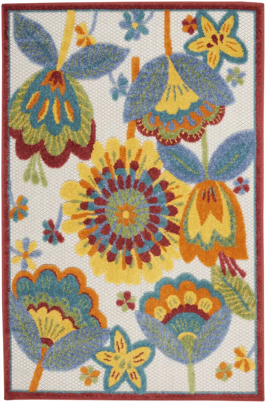 Yellow And Teal Floral Non Skid Indoor Outdoor Area Rug Photo 1