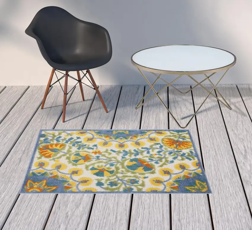 Yellow And Teal Toile Non Skid Indoor Outdoor Area Rug Photo 2