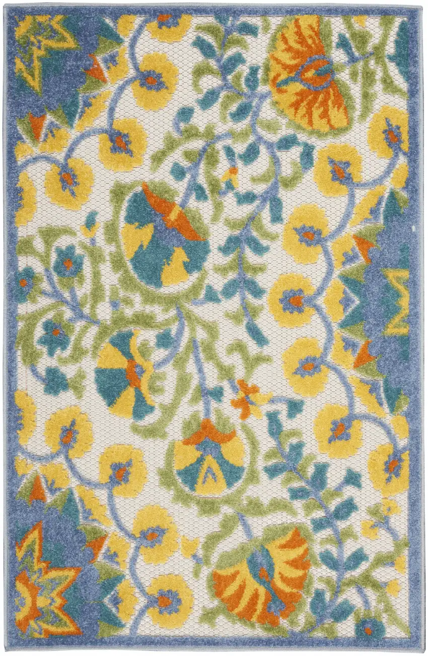 Yellow And Teal Toile Non Skid Indoor Outdoor Area Rug Photo 1