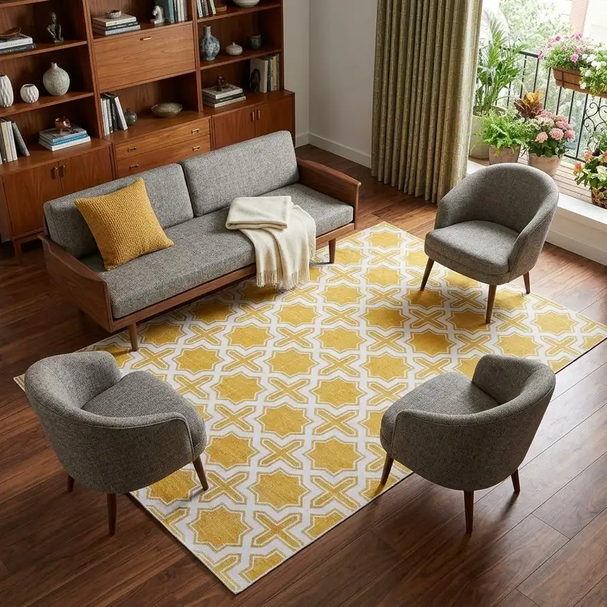 Yellow And White Geometric Hand Woven Area Rug Photo 1