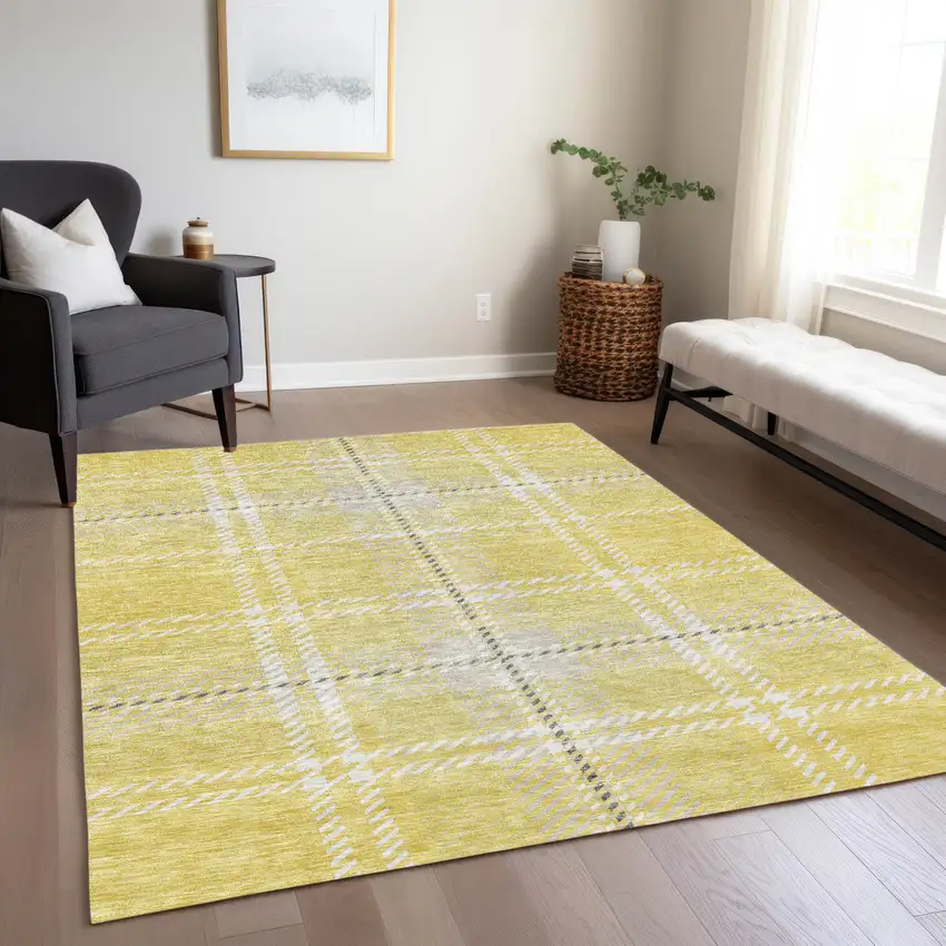 Yellow Black And Ivory Plaid Washable Indoor Outdoor Area Rug Photo 9