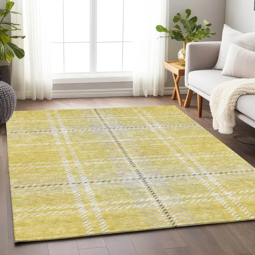 Yellow Black And Ivory Plaid Washable Indoor Outdoor Area Rug Photo 8
