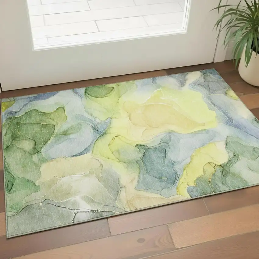 Yellow Blue And Beige Abstract Washable Area Rug With UV Protection Photo 1