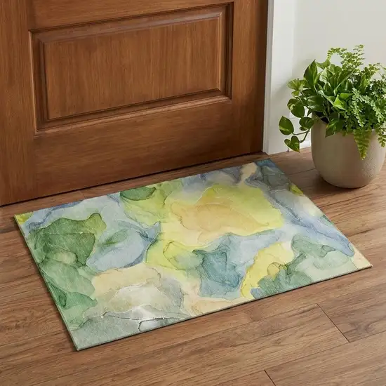 Yellow Blue And Beige Abstract Washable Area Rug With UV Protection Photo 1
