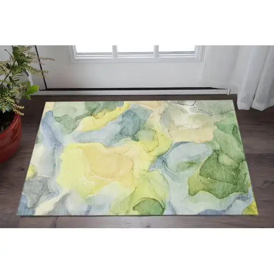 Yellow Blue And Beige Abstract Washable Area Rug With UV Protection Photo 2