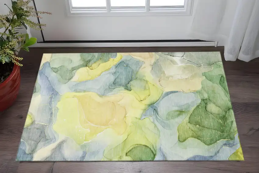 Yellow Blue And Beige Abstract Washable Area Rug With UV Protection Photo 2