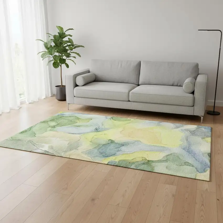 Yellow Blue And Beige Abstract Washable Area Rug With UV Protection Photo 1