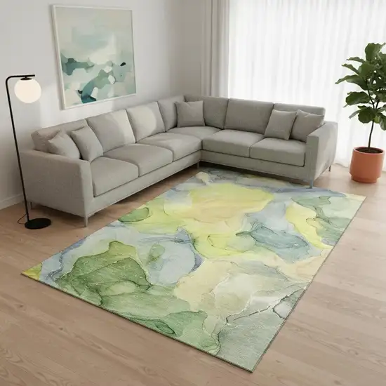 Yellow Blue And Beige Abstract Washable Area Rug With UV Protection Photo 1