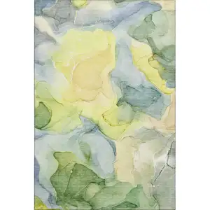 Photo of Yellow Blue And Beige Abstract Washable Area Rug With UV Protection