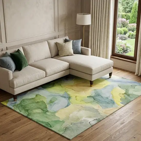 Yellow Blue And Beige Abstract Washable Area Rug With UV Protection Photo 1