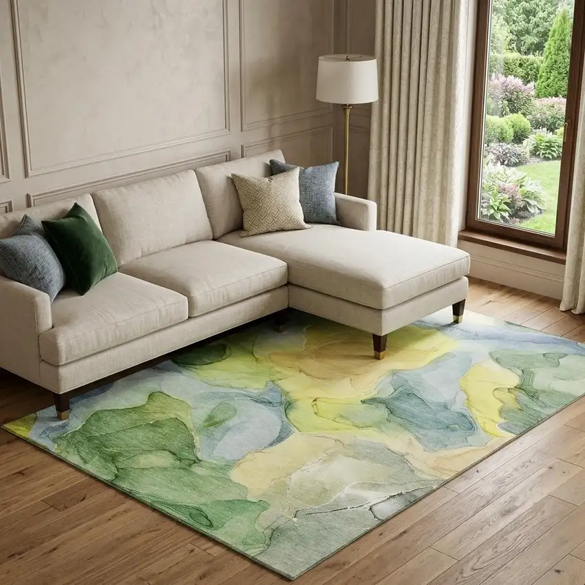 Yellow Blue And Beige Abstract Washable Area Rug With UV Protection Photo 1