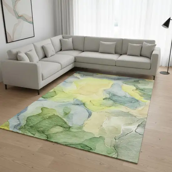 Yellow Blue And Beige Abstract Washable Area Rug With UV Protection Photo 1