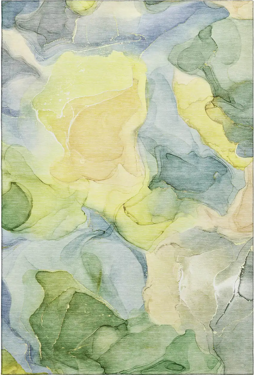 Yellow Blue And Beige Abstract Washable Area Rug With UV Protection Photo 1
