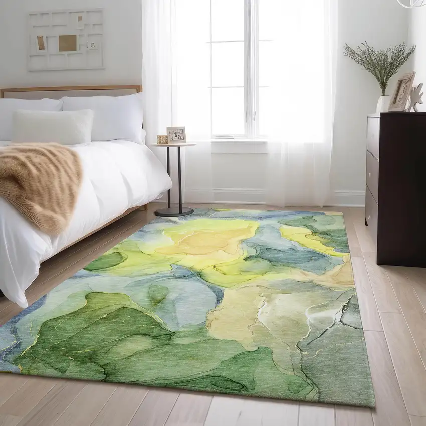 Yellow Blue And Beige Abstract Washable Area Rug With UV Protection Photo 5