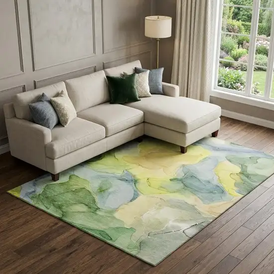 Yellow Blue And Beige Abstract Washable Area Rug With UV Protection Photo 1