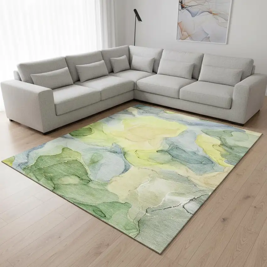 Yellow Blue And Beige Abstract Washable Area Rug With UV Protection Photo 1
