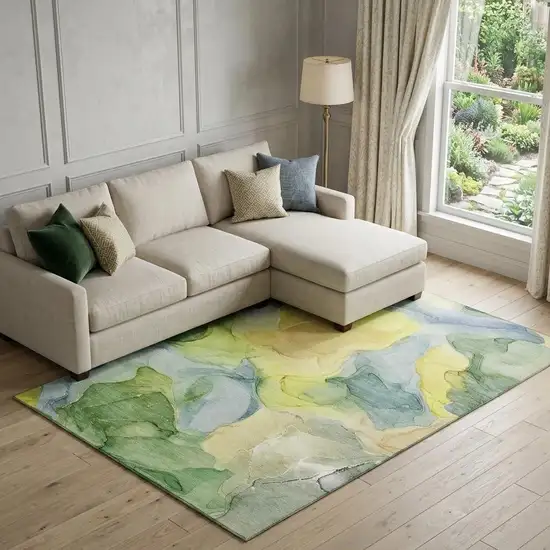 Yellow Blue And Beige Abstract Washable Area Rug With UV Protection Photo 1