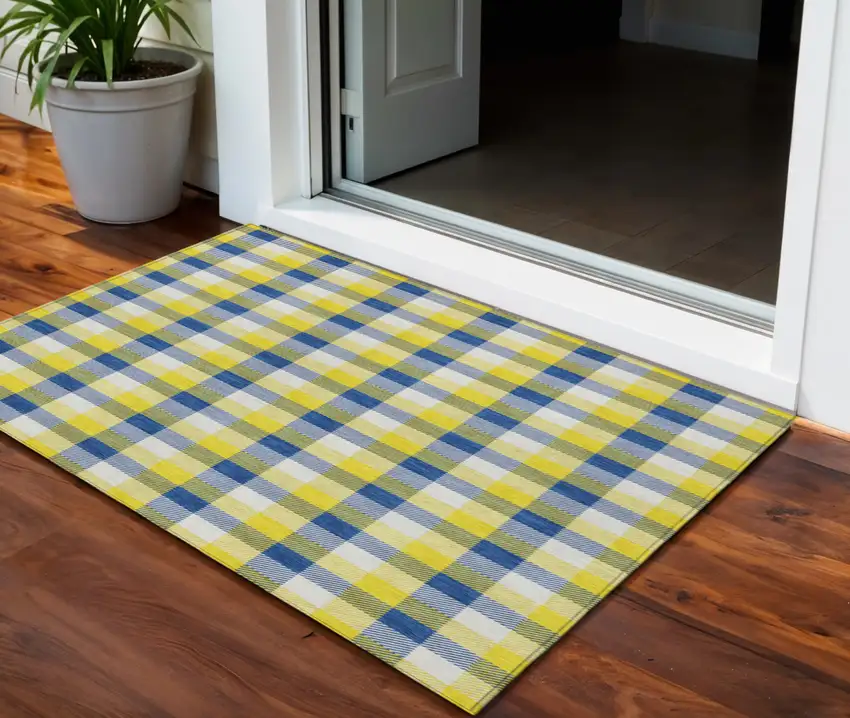 Yellow Blue And Beige Plaid Washable Indoor Outdoor Area Rug Photo 1