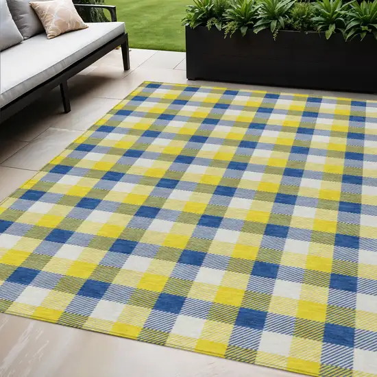 Yellow Blue And Beige Plaid Washable Indoor Outdoor Area Rug Photo 1