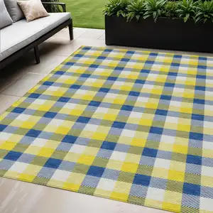 Photo of Yellow Blue And Beige Plaid Washable Indoor Outdoor Area Rug