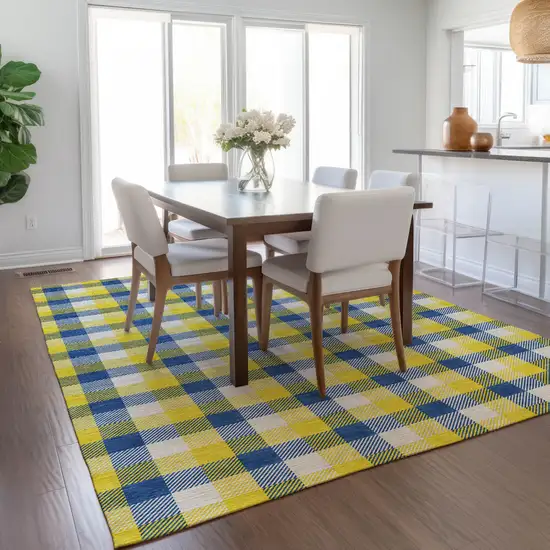 Yellow Blue And Beige Plaid Washable Indoor Outdoor Area Rug Photo 9