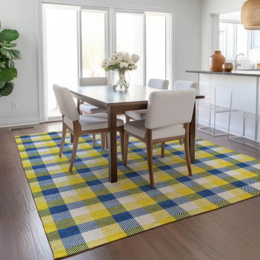 Yellow Blue And Beige Plaid Washable Indoor Outdoor Area Rug Photo 9