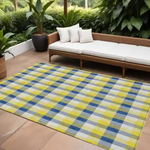 Photo of Yellow Blue And Beige Plaid Washable Indoor Outdoor Area Rug