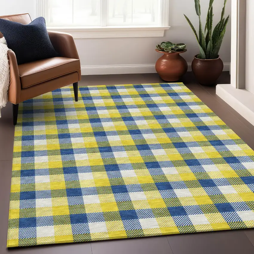 Yellow Blue And Beige Plaid Washable Indoor Outdoor Area Rug Photo 8
