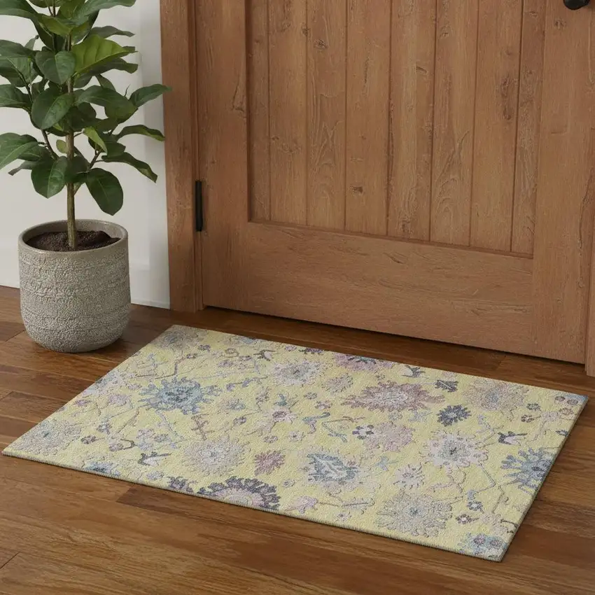 Yellow Blue And Blush Floral Washable Area Rug With UV Protection Photo 1