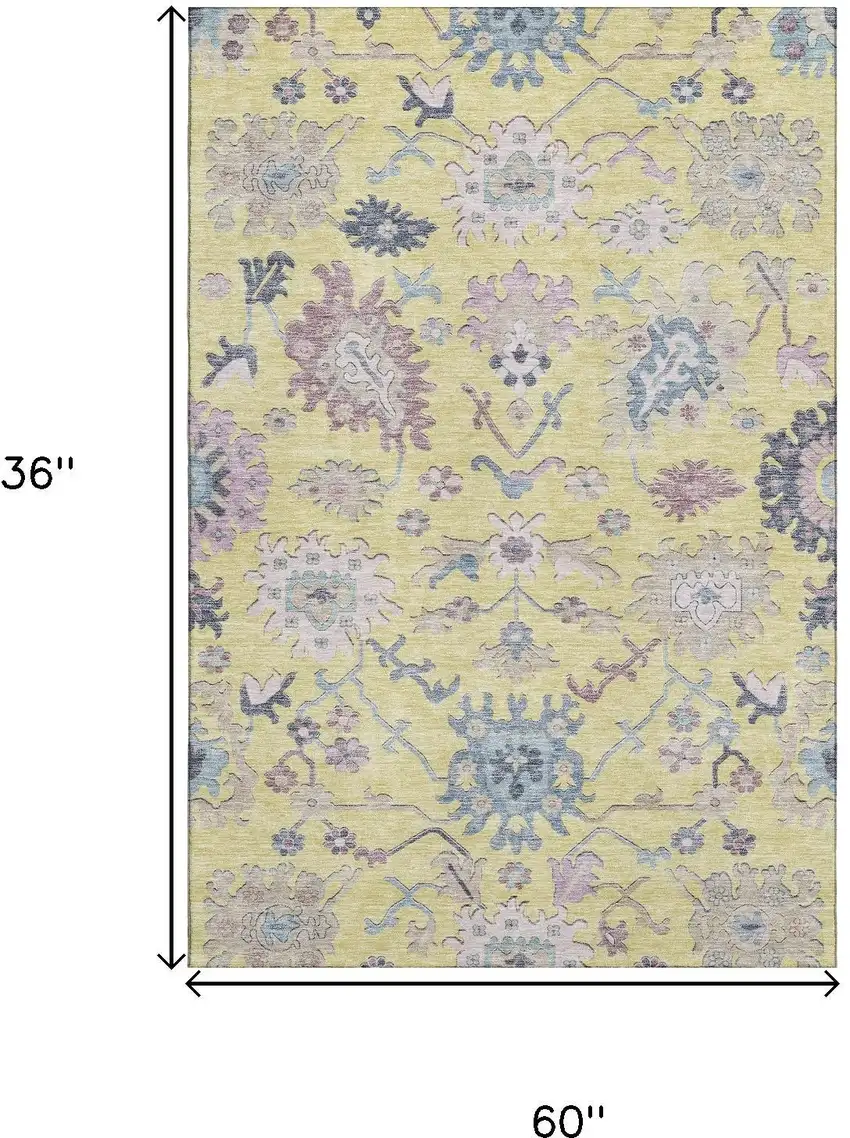Yellow Blue And Blush Floral Washable Area Rug With UV Protection Photo 3