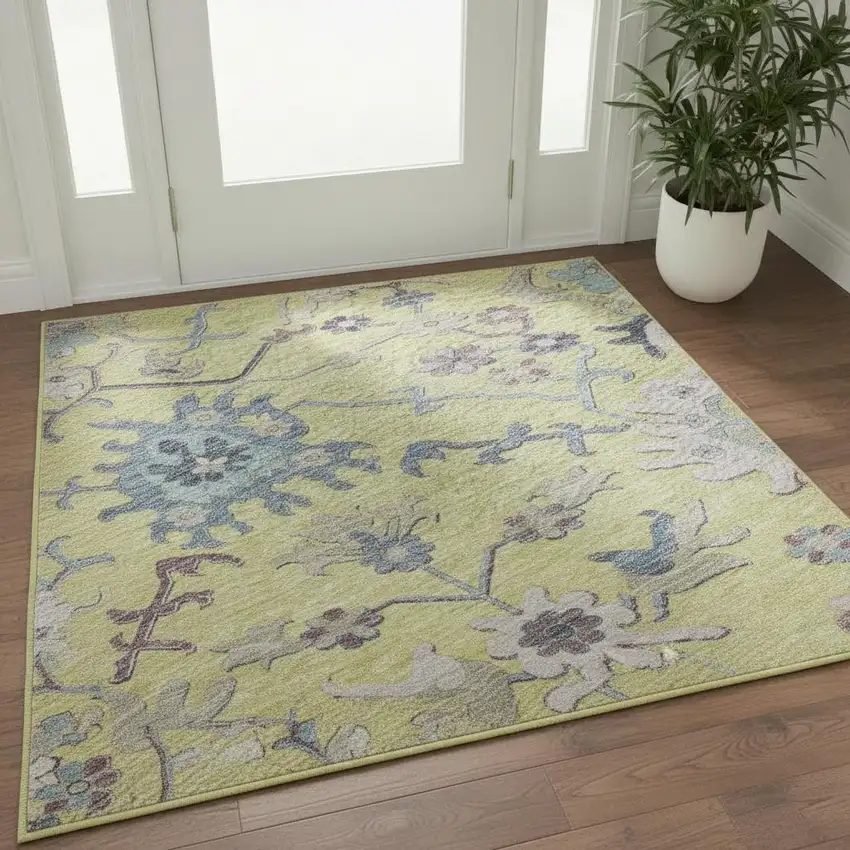 Yellow Blue And Blush Floral Washable Area Rug With UV Protection Photo 2