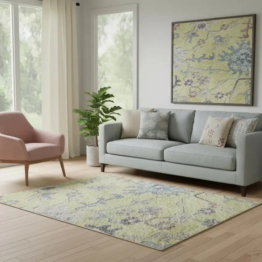 Yellow Blue And Blush Floral Washable Area Rug With UV Protection Photo 2